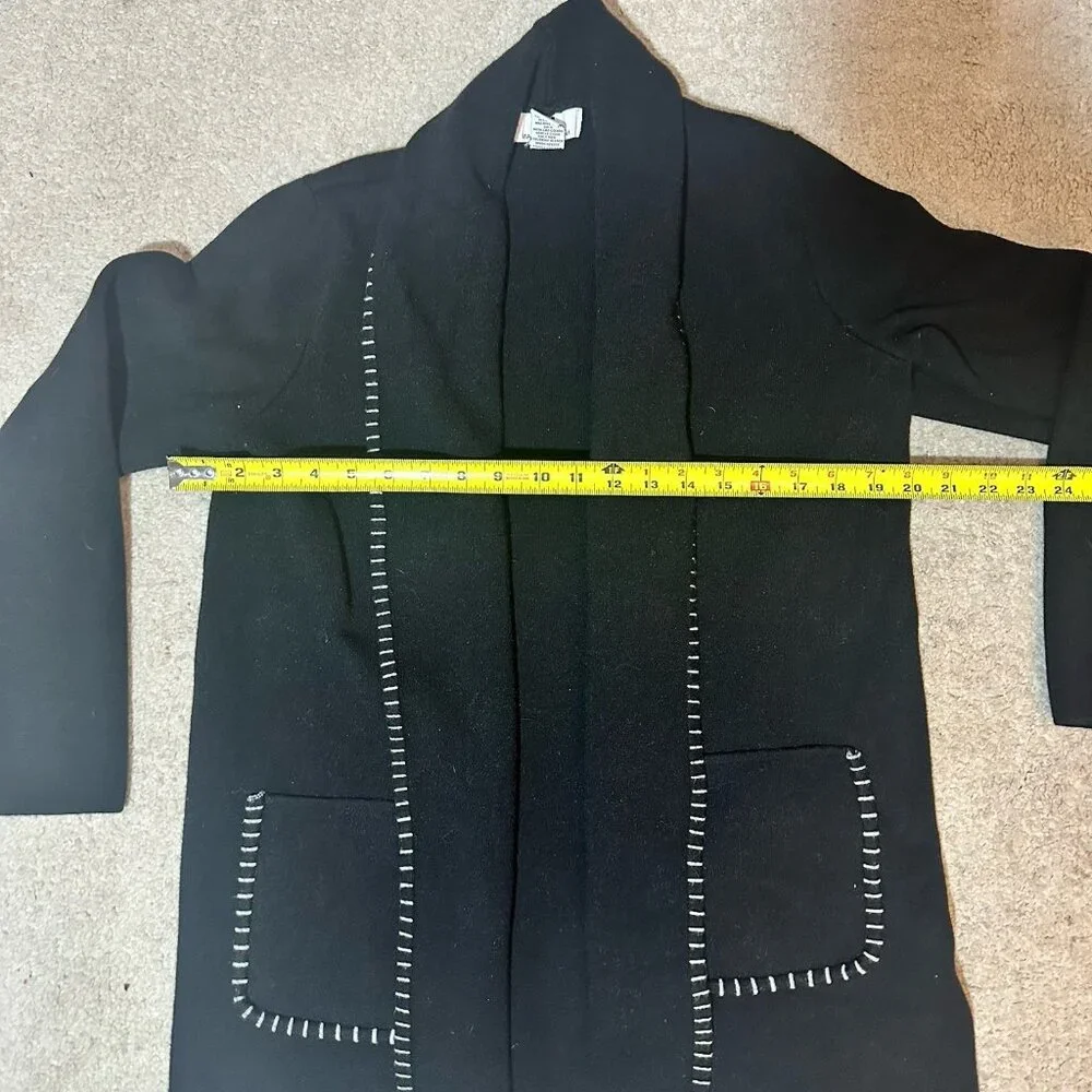 Magaschoni Sweater Women’s Large Black Cardigan White Stitch Trim Front Pockets - Picture 8 of 9